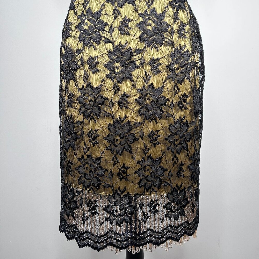 Parameter Lace Pencil Skirt Women's 8 Black Gold Tasseled Hem Beaded Lined USA